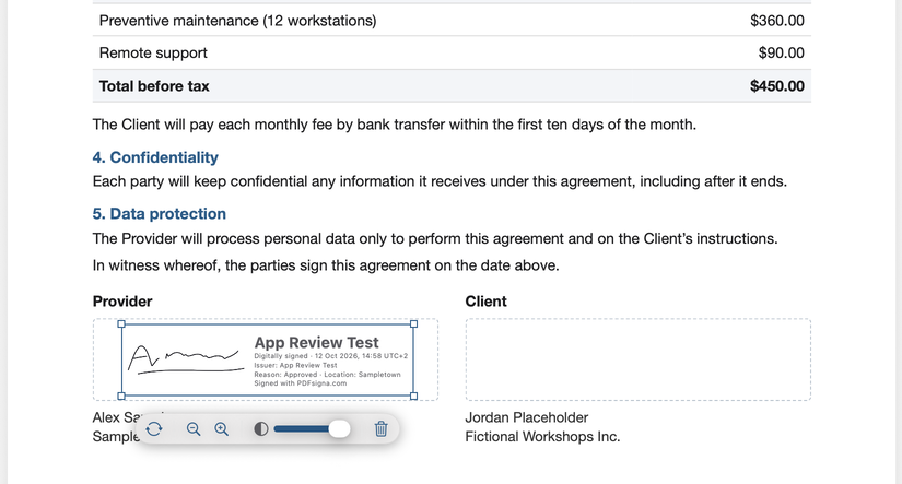 A services agreement in PDFsigna for macOS with the signature box drawn over the provider’s signature space: inside, a handwritten signature and the text “App Review Test · Digitally signed · 12 Oct 2026 · Issuer: App Review Test · Reason: Approved · Location: Sampletown · Signed with PDFsigna.com”; selection handles on its four corners and a floating bar underneath with change, shrink, enlarge, an opacity slider and delete.