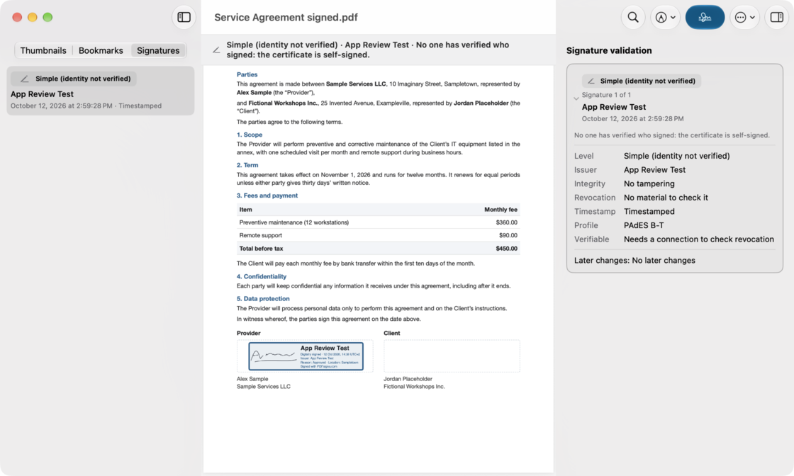 The PDFsigna window on macOS with an invented, signed services agreement open. A band under the toolbar reads “Simple (identity not verified) · App Review Test · No one has verified who signed: the certificate is self-signed.”; the sidebar lists the signature with that level, its date and “Timestamped”; the panel on the right shows the validation card: level, issuer App Review Test, no tampering, no material to check revocation, timestamped, PAdES B-T profile and no later changes. The signature box sits over the provider’s signature space on the page.
