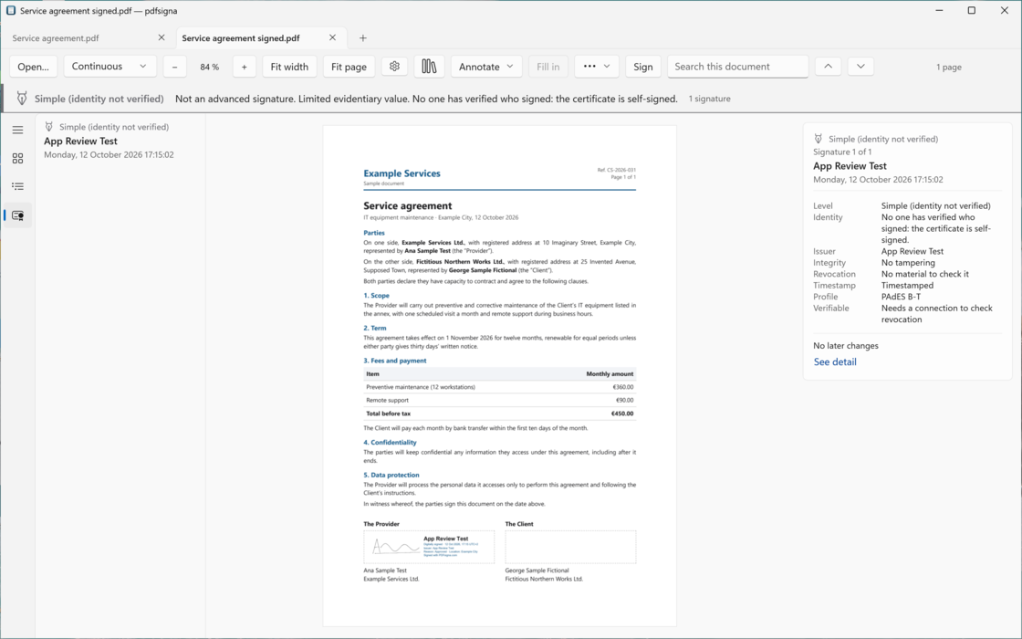 The PDFsigna window on Windows with the same invented, signed service agreement open. A band under the toolbar reads “Simple (identity not verified). Not an advanced signature. Limited evidentiary value. No one has verified who signed: the certificate is self-signed.” and “1 signature”; the sidebar lists App Review Test’s signature with that level and its date, and the panel on the right shows the validation card: level, identity, issuer App Review Test, no tampering, no material to check revocation, timestamped, PAdES B-T profile and no later changes. At the foot of the page, the signature box sits over the provider’s signature space.