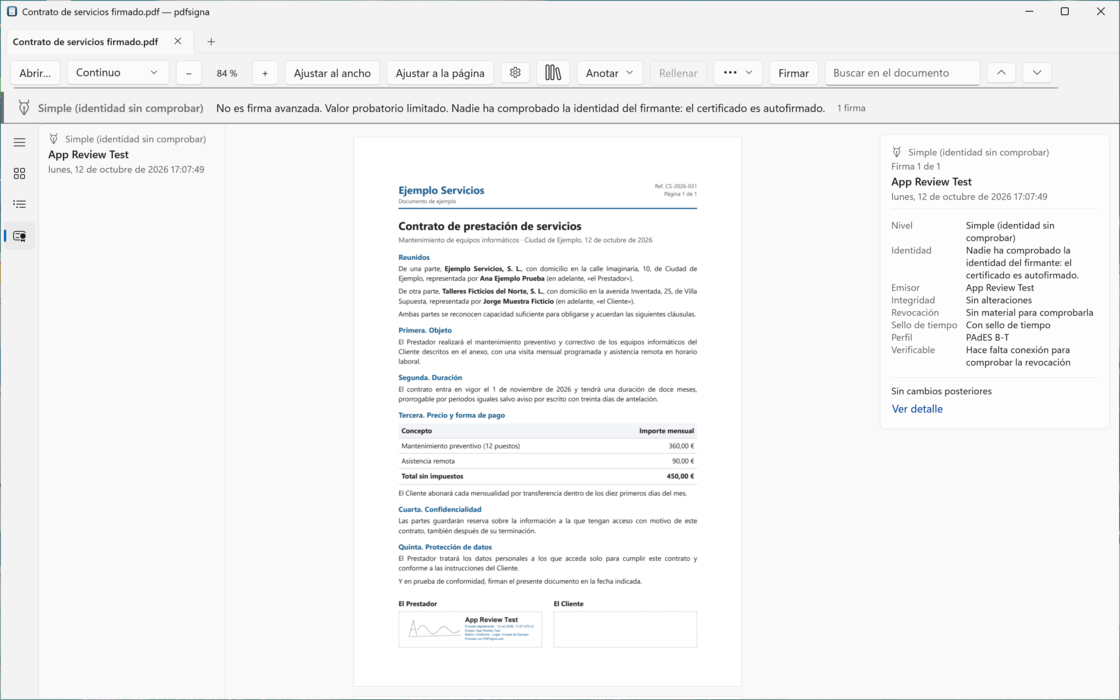 La ventana de PDFsigna en Windows con el mismo contrato de prestación de servicios inventado y firmado. Bajo la barra, una banda dice «Simple (identidad sin comprobar). No es firma avanzada. Valor probatorio limitado. Nadie ha comprobado la identidad del firmante: el certificado es autofirmado.» y «1 firma»; la barra lateral lista la firma de App Review Test con ese nivel y su fecha, y el panel de la derecha enseña la tarjeta de validación: nivel, identidad, emisor App Review Test, sin alteraciones, revocación sin material para comprobarla, con sello de tiempo, perfil PAdES B-T y sin cambios posteriores. Al pie de la página, el cuadro de la firma sobre el hueco del Prestador.